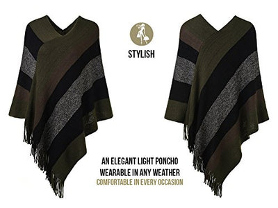 Ferand Gestreift Gestrickter Poncho Schal im Wickeldesign mit gefransten Seiten für Frauen, Grün & Schwarz