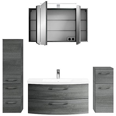 Badmöbel Set, Eiche graphit Struktur, Spiegelschrank mit LED Beleuchtung, 101cm Waschtisch-Unterschrank mit Waschbecken, Hochschrank, Schubladen & Türen mit Softclose-System, B/H/T: 187/200/50,5 cm