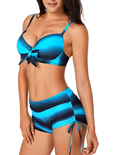 Aleumdr Damen Bikini Set Push Up Badeanzug Damen Zweiteiliger Bademode Bikini Sportlich Tankini Set Bauchweg Badeanzüge Bikini Top mit High Waist Badeshorts, Blau XXL