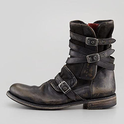 TZH Reitstiefel Für Herren Mittelalterliche Steampunk Retro Leder Ritterschuhe Outdoor Fashion Gürtelschnalle Martin Stiefelschuhe Mit Seitlichem Reißverschluss,48