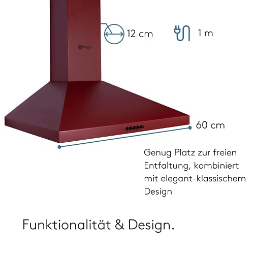 Wiggo Dunstabzugshaube 60cm I Wandhaube für Abluft oder Umluft Dunstabzug 300m³/h mit LED-Beleuchtung & 3 Leistungsstufen I Wandhaube inkl. Fettfilter & 2x Kohlefilter I Abzugshaube Rot