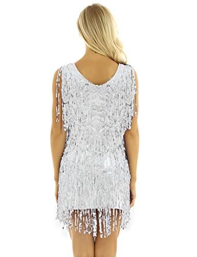 Agoky Damen Ärmellos Pailletten Kleid V-Ausschnitt Glitzer Quasten Partykleid Flapper Kostüm Tanzkleid Samba Tango Latein Outfits Silber M