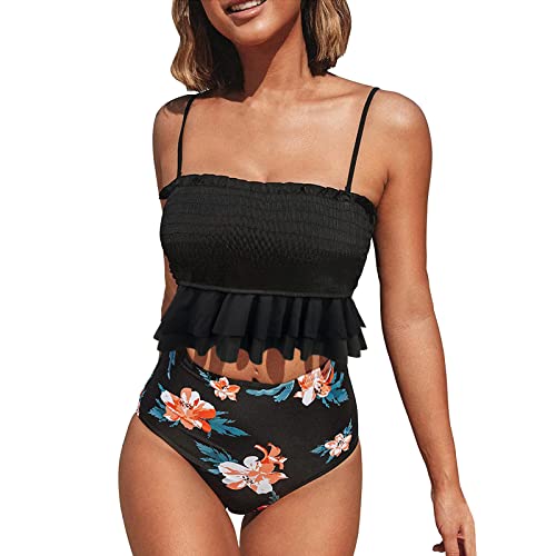 Shulltji Bikini Damen High Waist Bauchweg Tankini Elastizität Gesmokte Doppellagige Rüschen Spitze Badeanzug Damen Sexy Push Up Zweiteiliger Bademode