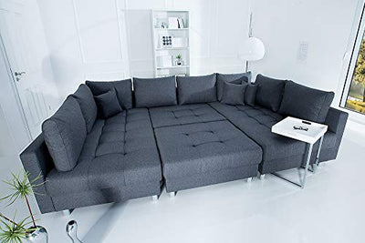 invicta INTERIOR Moderne XXL Wohnlandschaft Kent 303cm anthrazit grau Federkern mit Schlaffunktion Sofa inkl. Hocker und Kissen Schlafsofa Eckcouch