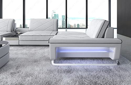 Wohnlandschaft Bari in Leder mit USB-Anschluss Steckdosen Sofa mit Kopfstützen Ledersofa Designersofa U Form Couch (Ottomane Links (auf Sofa blickend), Weiss-Schwarz)