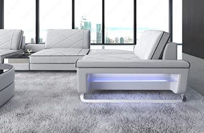 Wohnlandschaft Bari in Leder mit USB-Anschluss Steckdosen Sofa mit Kopfstützen Ledersofa Designersofa U Form Couch (Ottomane Links (auf Sofa blickend), Weiss-Schwarz)