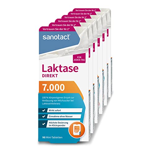 sanotact Laktase 7.000 Direkt • 6x90 Mini-Laktose Tabletten mit Sofortwirkung + hochdosiert • Bei Laktoseintoleranz + Milchunverträglichkeit