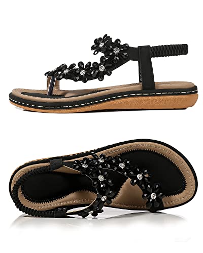 Amissz Damen Sommer Sandalen Bohemian Strass Flach Sandaletten Sommer Strand Schuhe Damen Zehentrenner (Schwarz, 36 EU)