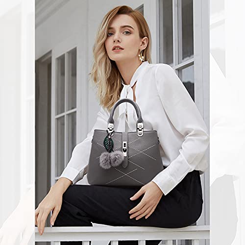 NICOLE & DORIS 2022 Neue Frauen Tasche Damen Leder Handtasche Mode Umhängetasche Mit Pompon abnehmbarem Schultergurt Handtasche Grau