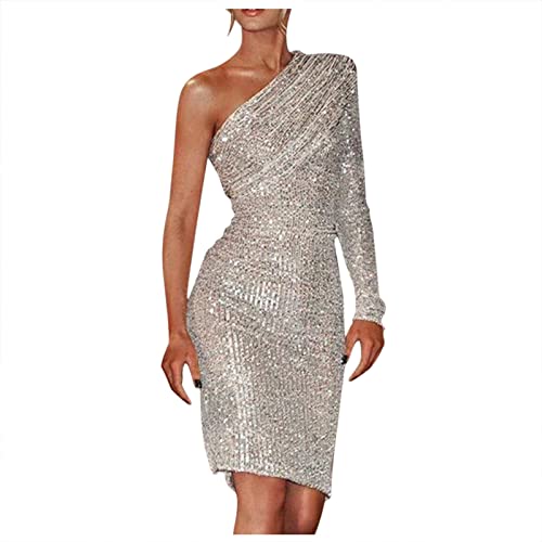 Cocktailkleid Damen Partykleid Damen Pailletten Kleid Elegant Abendkleid Cocktailkleid mit einem Ärmel Hohe Taille Glitzerkleid Knielang Bleistiftkleid Ballkleider