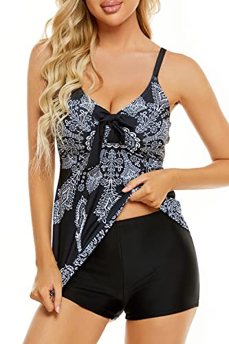 Breampot Tankini Damen Bauchweg Bedruckter Bademode Zweiteiler Badeanzug Push Up Swimsuit Beachwear (XX-Large, Stil 1 Schwarz)