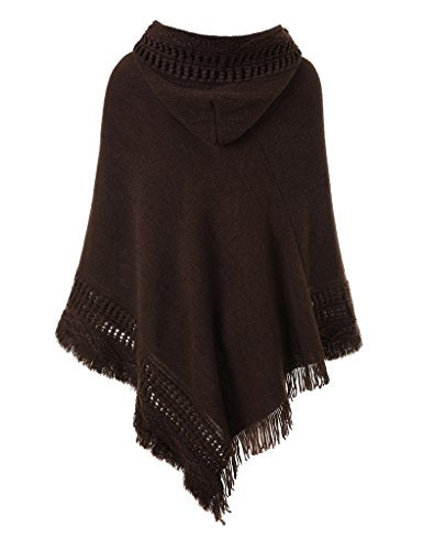 Ferand Damen Kapuzen Poncho mit Häkelborde, Cape für Frauen aus Strickmaterial mit Zierfransen, braun