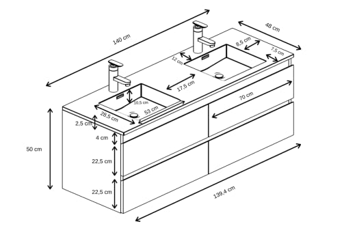 Badezimmer Badmöbel Set Angela 140cm - Eiche - Unterschrank Schrank Waschbecken Waschtisch