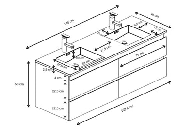 Badezimmer Badmöbel Set Angela 140cm - Eiche - Unterschrank Schrank Waschbecken Waschtisch