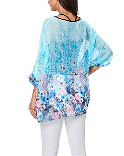 LazLake Chiffon Böhmen Blusen Damen Boehmen Blumen Bluse Damen Boho Bluse Batwing Damenbluse 3/4 Armel Chiffon Bluse T-Shirt ED-Bianfu-345