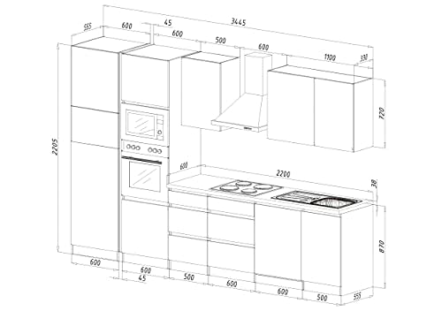 respekta Premium grifflose Küchenzeile Küche Küchenblock 345 cm Eiche Sonoma grau Hochglanz inkl. Softclose, Induktionskochfeld & Kühl-Gefrierkombination 144 cm