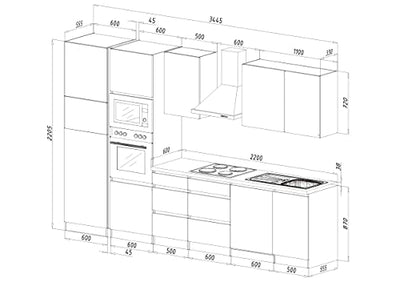 respekta Premium grifflose Küchenzeile Küche Küchenblock 345 cm Eiche Sonoma grau Hochglanz inkl. Softclose, Induktionskochfeld & Kühl-Gefrierkombination 144 cm