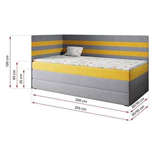 MKS MEBLE Kinderbett Polsterbett Mit Matratze MIKO3 - Jugendbett Mit Stauraum Boxspringbetten für Kinderzimmer, Jugendzimmer - 90x200 Grau und Gelb