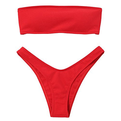 ZAFUL Damen High Cut Bandeau Bikini Set Trägerlos Gerippt Bikinis Bademode(Rot M)