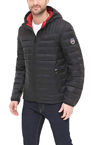 Tommy Hilfiger Herren Wasserabweisende Jacke mit Kapuze Daunenalternative Mantel, schwarz, Large