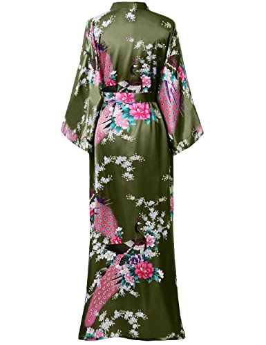 BABEYOND Damen Morgenmantel Maxi Lang Kimono Strandkleid Pfau Gedruckt Strickjacke Kimono Bademantel Damen Lange Robe Schlafmantel Girl Pajama Party (Armeegrün)