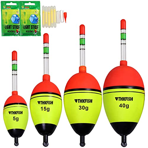 THKFISH Angeln Schwimmt,  5Stück 30g Schaum Süßwasser Salzwasser Leuchtende Beleuchtung Eva-Schaum Fischen schwimmt Crappie Fischen schwimmt Bobber Slip Tube Kit mit 10 Stück Glühen Sticks