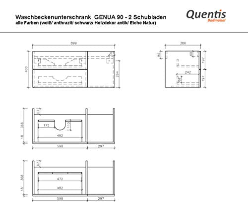 Quentis Badmöbelset Genua 90 cm, weiß glänzend, Waschtisch & Unterschrank (montiert)