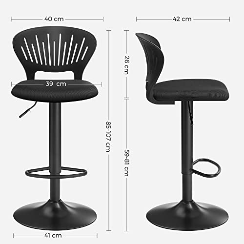 SONGMICS Barhocker 2er Set, höhenverstellbar, Barstuhl mit kronenförmiger Rückenlehne, gepolsterter Sitz, Fußstütze, atmungsaktives Meshgewebe, um 360° drehbar, schwarz LJB04BK