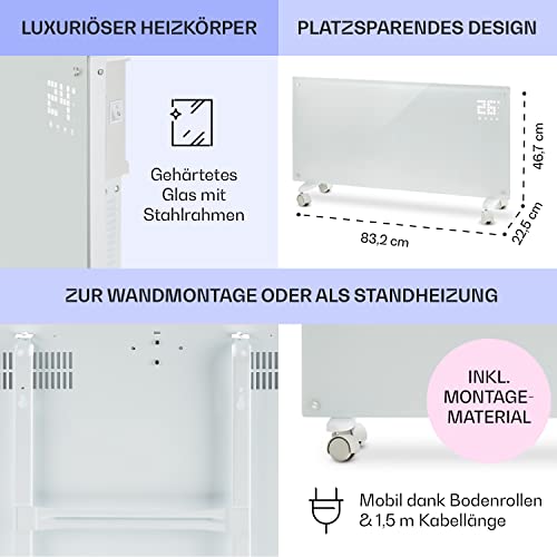 Klarstein Elektroheizung, Konvektor-Heizung mit Bodenrollen, Mobile Elektroheizung Energiesparend, Schlanke, Leise Heizung Elektrisch, Standgerät Heizkörper Elektrisch mit Thermostat, 2000 W