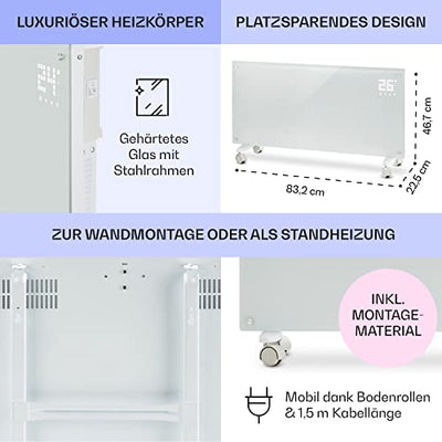 Klarstein Elektroheizung, Konvektor-Heizung mit Bodenrollen, Mobile Elektroheizung Energiesparend, Schlanke, Leise Heizung Elektrisch, Standgerät Heizkörper Elektrisch mit Thermostat, 2000 W