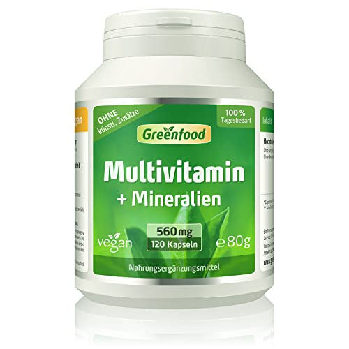 Multivitamin + Mineralien, 560 mg, hochdosiert, 120 Kapseln - alle wichtigen Vitamine (Tagesbedarf), Mineralien und Spurenelemente. Mit hoher Bioverfügbarkeit. OHNE künstliche Zusätze. Vegan.