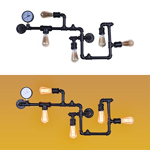 Lingkai Vintage Industrial Retro Wasserpfeife Wandlampe mit fünf Edison Lichtquellen Steampunk Wandleuchte in schwarzem Fertig, Glühbirnen nicht enthalten