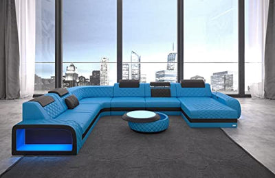 Sofa Berlin XXL U Form Wohnlandschaft mit LED Beleuchtung und Ottomane (Ottomane rechts, Blau-Schwarz)