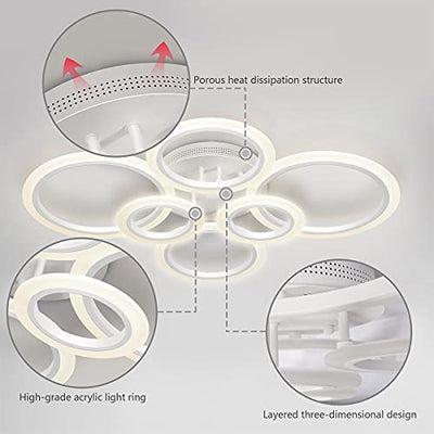 RUYI Modern LED Deckenleuchte Dimmbar mit Fernbedienung 6-Ring Deckenleuchte 72W 6400LM, Deckenlampe für Wohnzimmer, Schlafzimmer, Küche, Flur, Balkon, Esszimmer, Weiß, 2700-7000K…