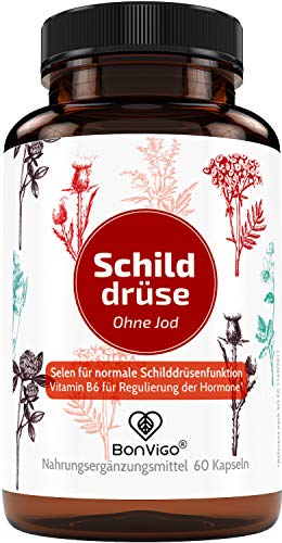 BonVigo® Schilddrüse Kapseln - Normale Schilddrüsenfunktion*, Hormone regulieren** - Pflanzen-Orthomolekular Komplex: Ashwagandha, Yams, Bärlauch, L-Tyrosin, Selen, Zink, Eisen, Vitamine A-B-D-E (1)