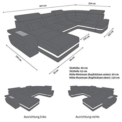 Sofa Bologna als Wohnlandschaft in der U-Form Leder Couch mit USB Kopfstützen Beleuchtung Ledersofa als Designersofa mit Stauraum (Ottomane rechts (auf Sofa blickend), Pink-Schwarz)