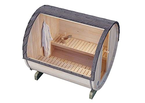 FinnTherm Fass-Sauna Mini S, 194 x 220 x 194 cm Gartensauna, Outdoor Sauna mit 42 mm Wandstärke, inkl. Montagematerial, Glastür aus Sicherheitsglas, 4 Personen, inkl. Dachschindeln, Außensauna