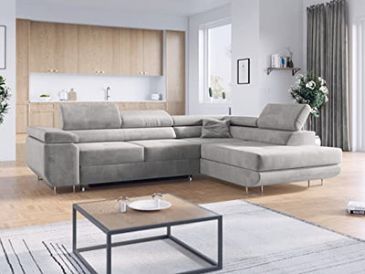 MKS MEBLE Ecksofa Wohnzimmer - Wohnlandschaft - L-Form Couch mit Schlaffunktion - Bettsofa - Wohnzimmer L Couch - Polstersofa mit Bettkasten - Gustaw Hellgrau