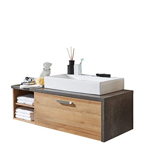 trendteam Badezimmer Waschbeckenunterschrank Unterschrank Bay, 123 x 39 x 53 cm in Korpus Beton Stone Dekor, Front Eiche Riviera Honig inkl. Waschbecken