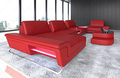 Ledersofa Ferrara als U-Form Wohnlandschaft mit USB Beleuchtung Sofa mit Kopfstützen Designersofa Couch (Ottomane Links, Rot-Schwarz)