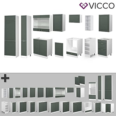 Vicco Küchenzeile Küchenblock Einbauküche Fame-Line Landhaus 355 cm Spülenunterschrank Herdumbauschrank Schubunterschrank Hängeschrank Kühlumbauschrank Apothekerhochschrank (Weiß-Grün-Gold)