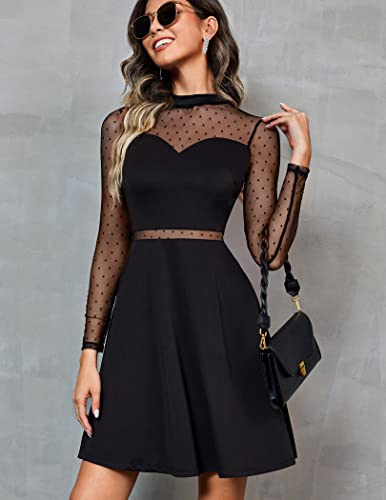 Zeagoo Damen Kleider Spitze Elegant A Linie Partykleider Hohe Taille CocktailKleider Minikleider Festliches SkaterKleider Einfarbig Mesh Kleider Sexy Swing Kleiderer Schwarz M