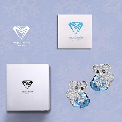 MEGA CREATIVE JEWELRY Damen Ohrringe Blau Herz Koala Bär Ohrstecker aus 925 Sterling Silber mit Kristalle Schmuck Geschenke für Frauen Mädchen