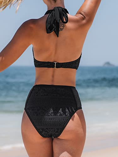 CUPSHE Damen Bikini Set Neckholder Spitzen Bikini Bademode V Ausschnitt High Waist Lace Zweiteiliger Badeanzug Swimsuit Schwarz M