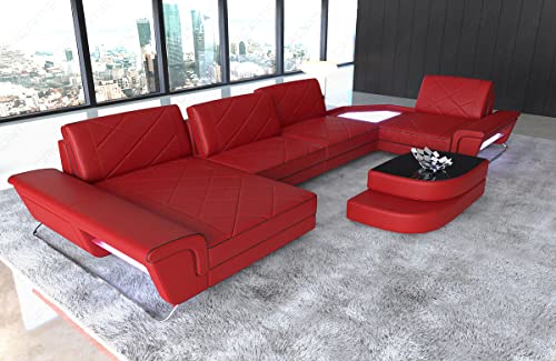 Ledersofa Ferrara als U-Form Wohnlandschaft mit USB Beleuchtung Sofa mit Kopfstützen Designersofa Couch (Ottomane Links, Rot-Schwarz)