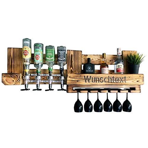 Rustikale Wand-Bar inkl. 4 Getränkespender 3cl - Personalisiertes Geschenk | 120cm Industrial Vintage Weinregal Flaschen-Regal | Platz für Spirituosen & Gläser | für Wein, Schnaps, Whisky Massiv