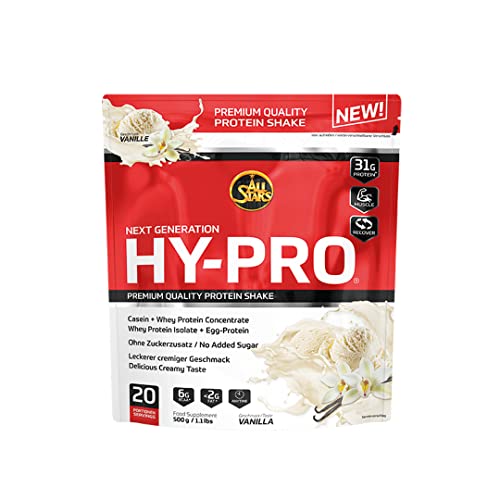 All Stars HY-PRO Protein-Pulver 500g I Eiweiß-Pulver ohne Zuckerzusatz I Low-Fat Powder I hochwertige Mehrkomponenten-Proteine I cremiger Protein-Shake mit Vanille-Flavour