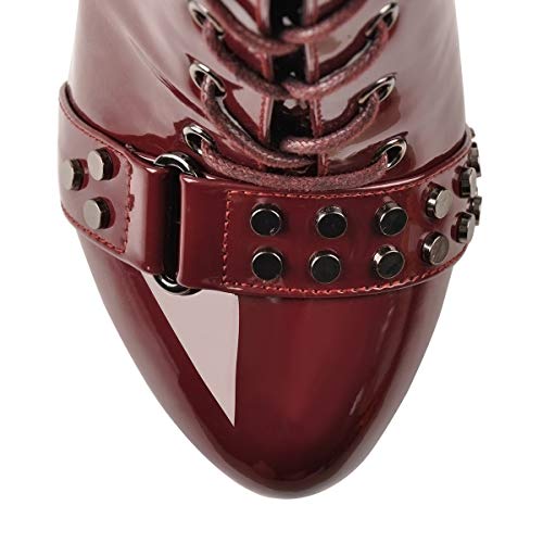 Only maker Damen Kniehoch Stiefel Plateau Hohe Schnürstiefel mit Stiletto Absatz Lack Verzierte Riemen Schnalle Weinrot 45 EU