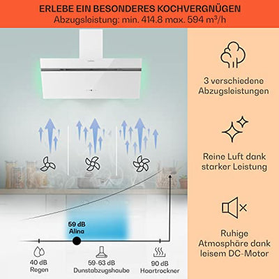 Klarstein Alina Smart Dunstabzugshaube, Abzugshaube für Küchen, Dunstabzugshaube mit Filter, Dunstabzug mit 594 m³/h Luftstrom, Wi-Fi-Steuerung, LED Beleuchtung, Dunstabzugshaube 90cm, Umluft