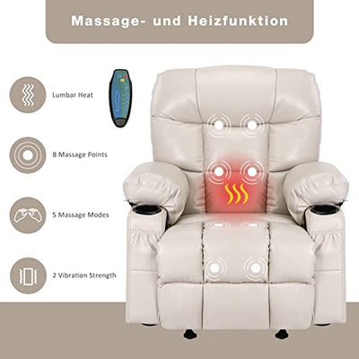 Fantasylab Relaxsessel mit Liegefunktion Fernsehsessel Massagefunktion Wärmefunktion und Vibration Lounge Chair für Wohnzimmer mit Seitentasche, 2 Getränkehalter, USB-Ladeanschluss, Liegefunktion 150°